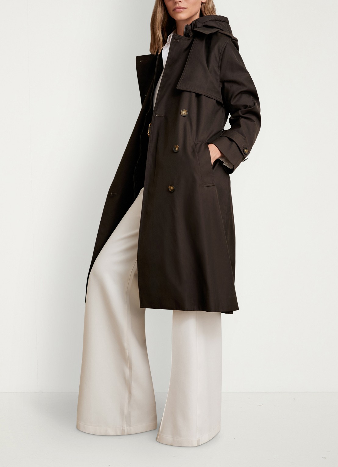 Reiss Azura double-breasted trenchcoat met afneembare capuchon - voorkant 7 donkerbruin