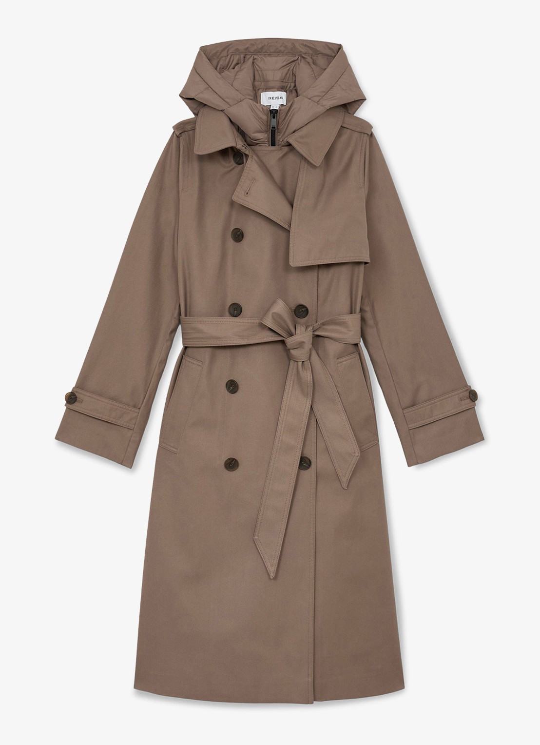 Reiss Azura double-breasted trenchcoat met afneembare capuchon - voorkant 3 beige