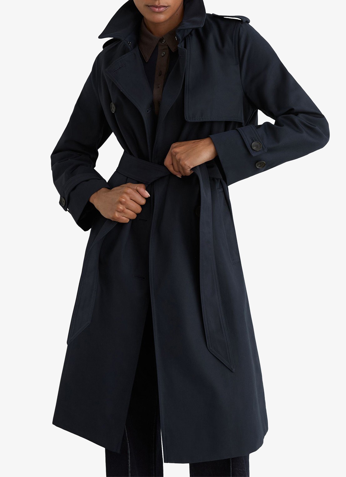 Reiss Azura double-breasted trenchcoat met afneembare capuchon - detail blauw