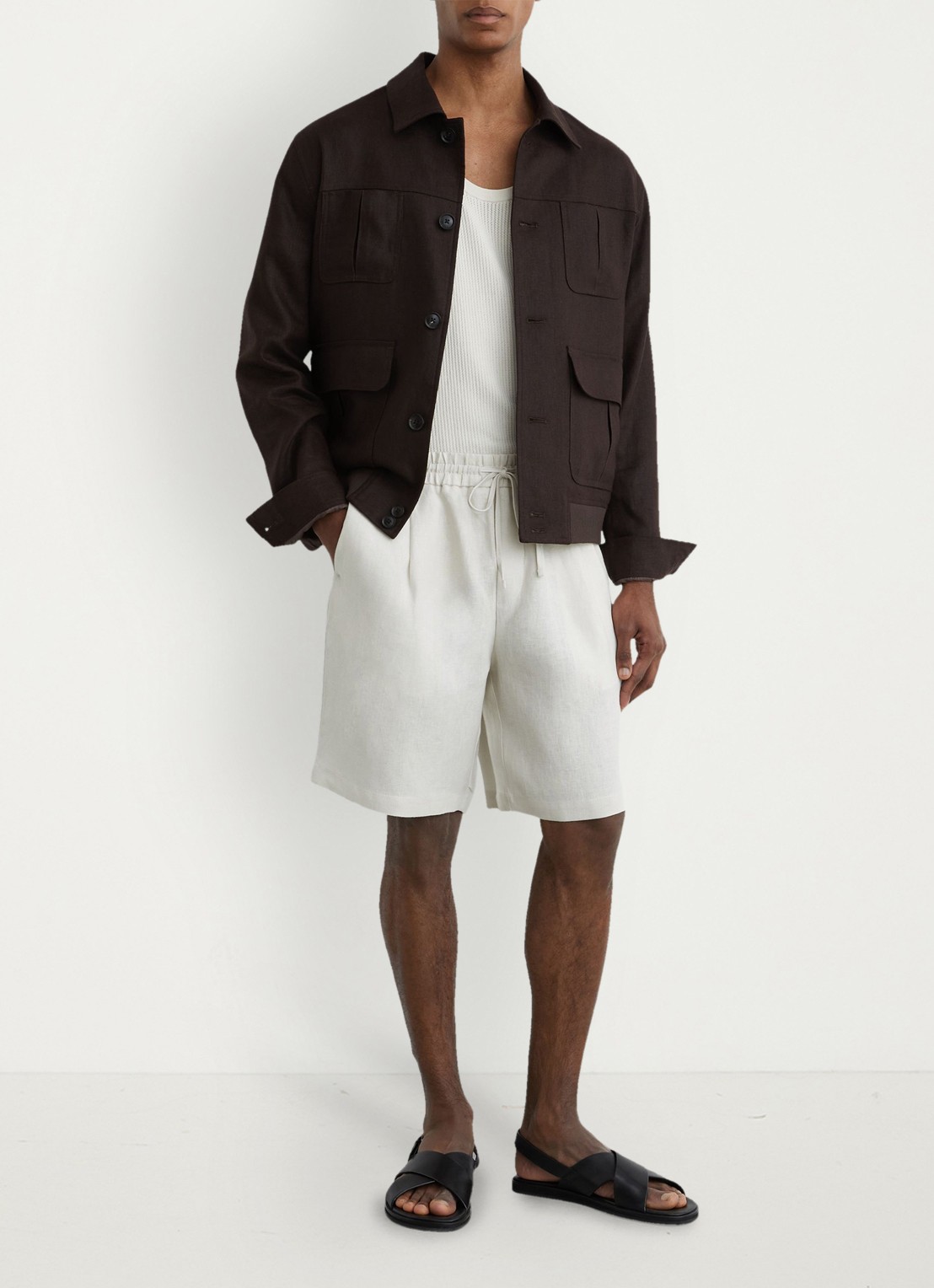 Reiss Barges straight fit korte broek van linnen - voorkant 5 stone / beige