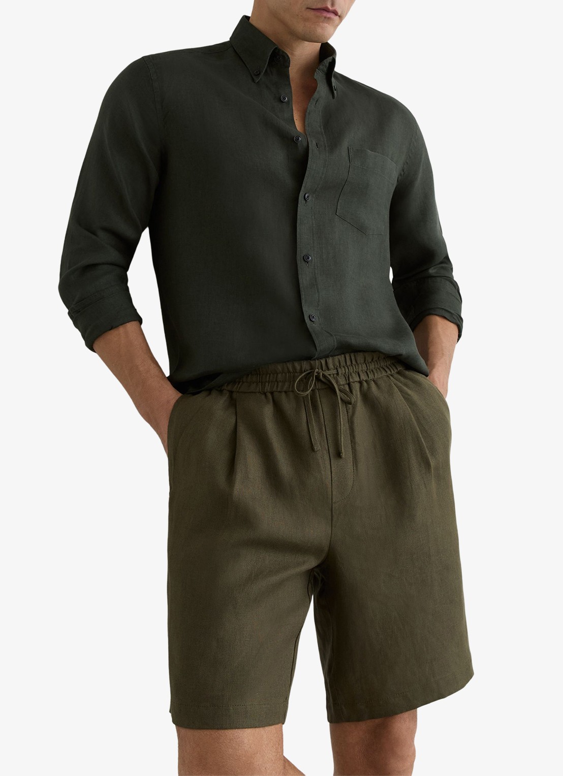 Reiss Barges straight fit korte broek van linnen - detail 3 groen