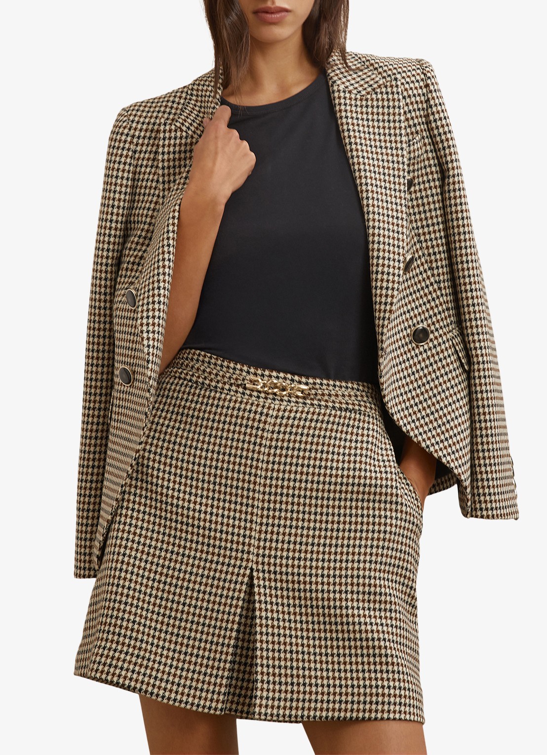 Reiss Beatrix minirok in wolblend met pied-de-poule dessin  - detail 3 beige
