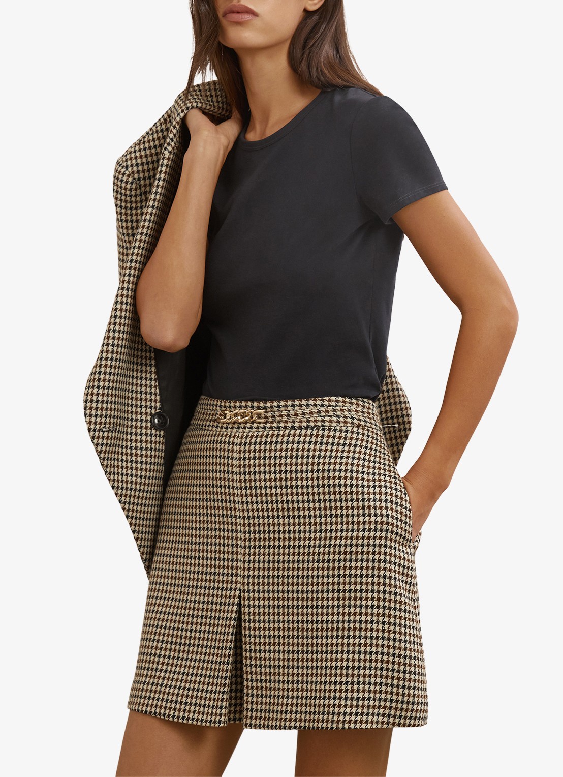 Reiss Beatrix minirok in wolblend met pied-de-poule dessin  - voorkant 2 beige