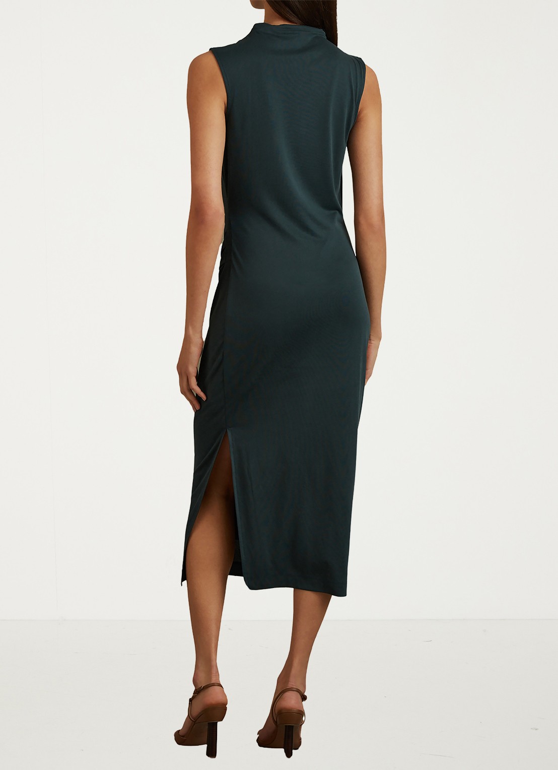 Reiss Beaux midi jurk met plooidetail - achterkant 3 donkergroen