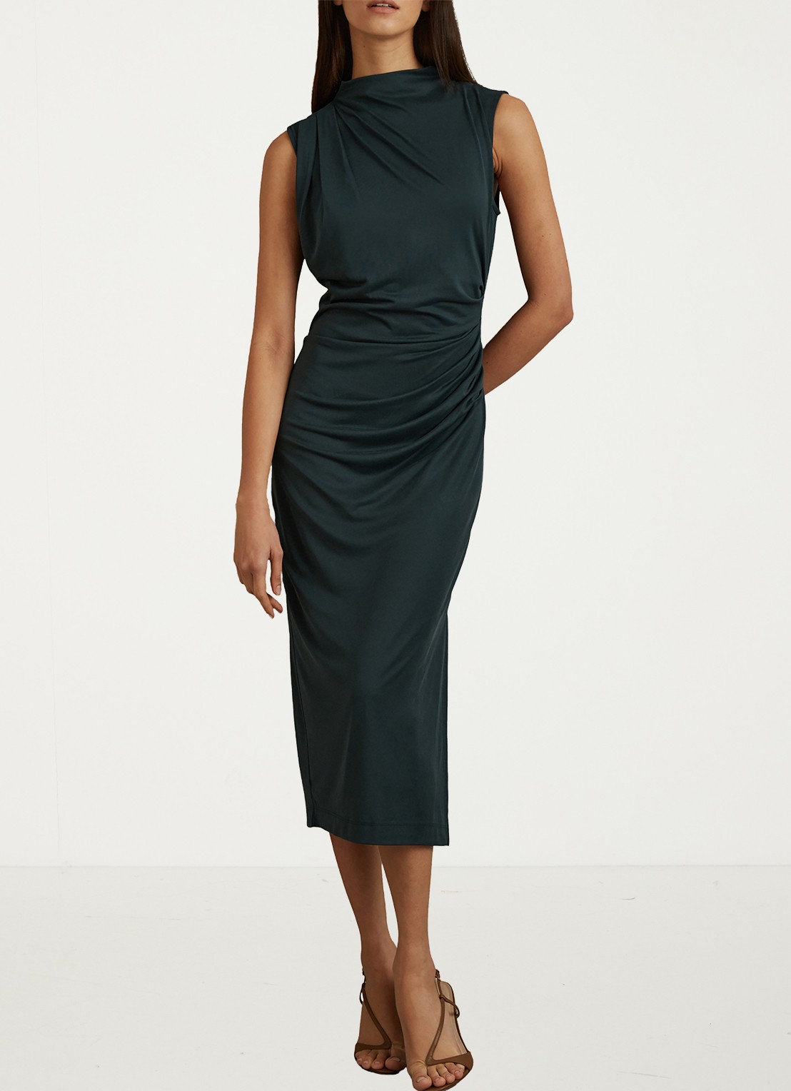 Reiss Beaux midi jurk met plooidetail - voorkant 2 donkergroen