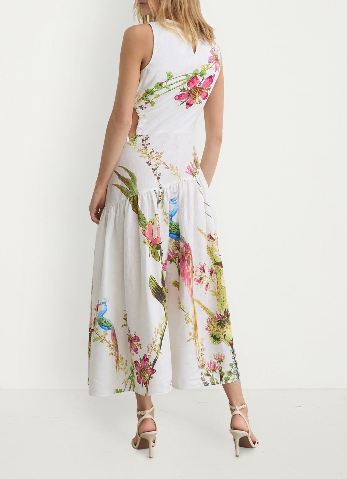 Reiss Bianca midi jurk van linnen met cut-out detail - achterkant wit