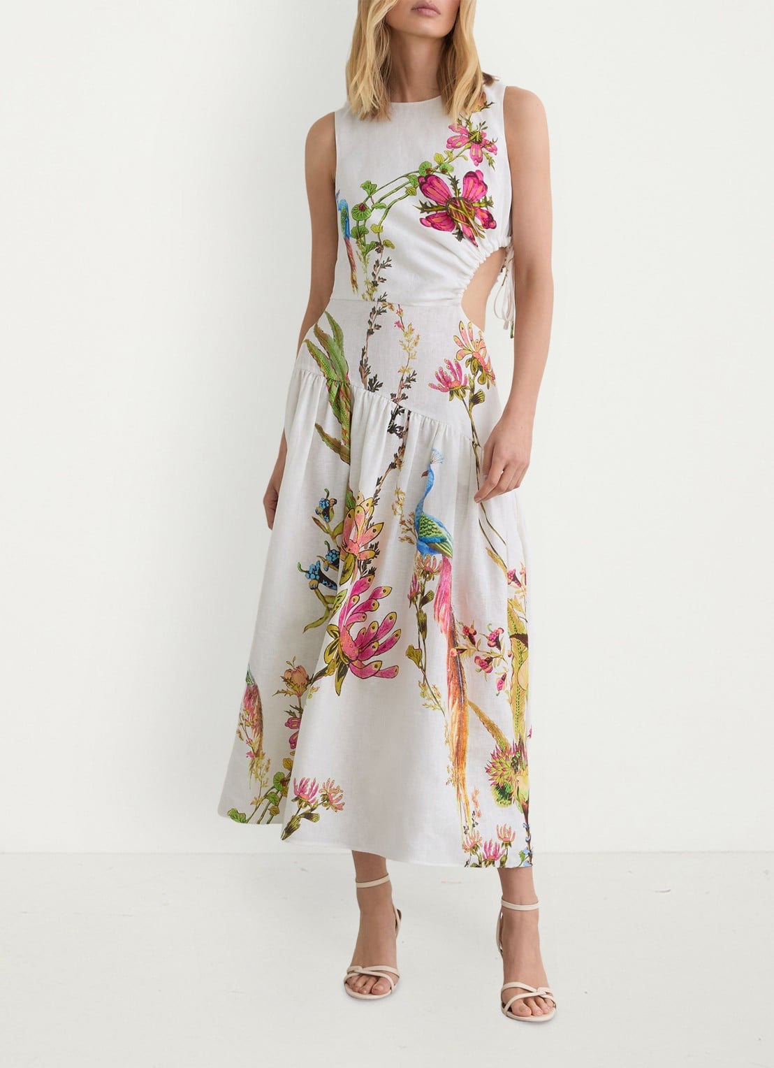 Reiss Bianca midi jurk van linnen met cut-out detail - voorkant 6 wit