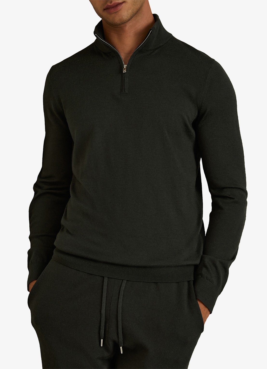 Reiss Blackhall fijgebreide trui in merino wolblend - detail legergroen