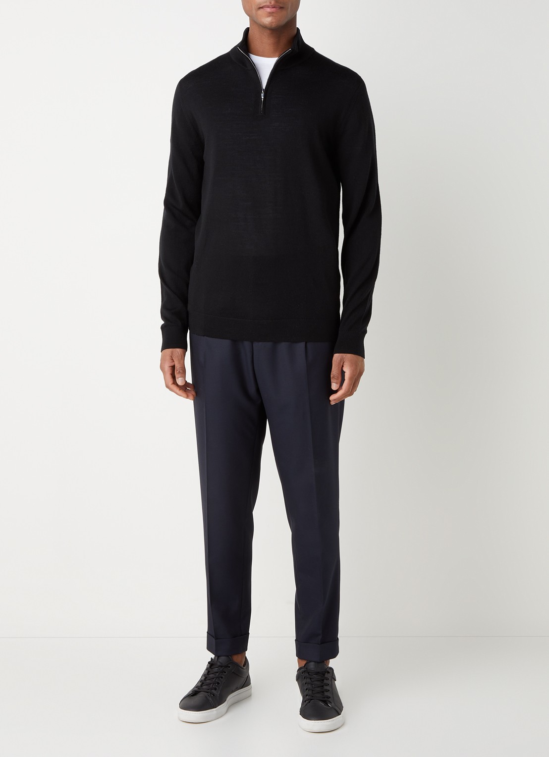 Reiss Blackhall fijngebreide pullover van merino wol met halve rits  - voorkant 2 zwart