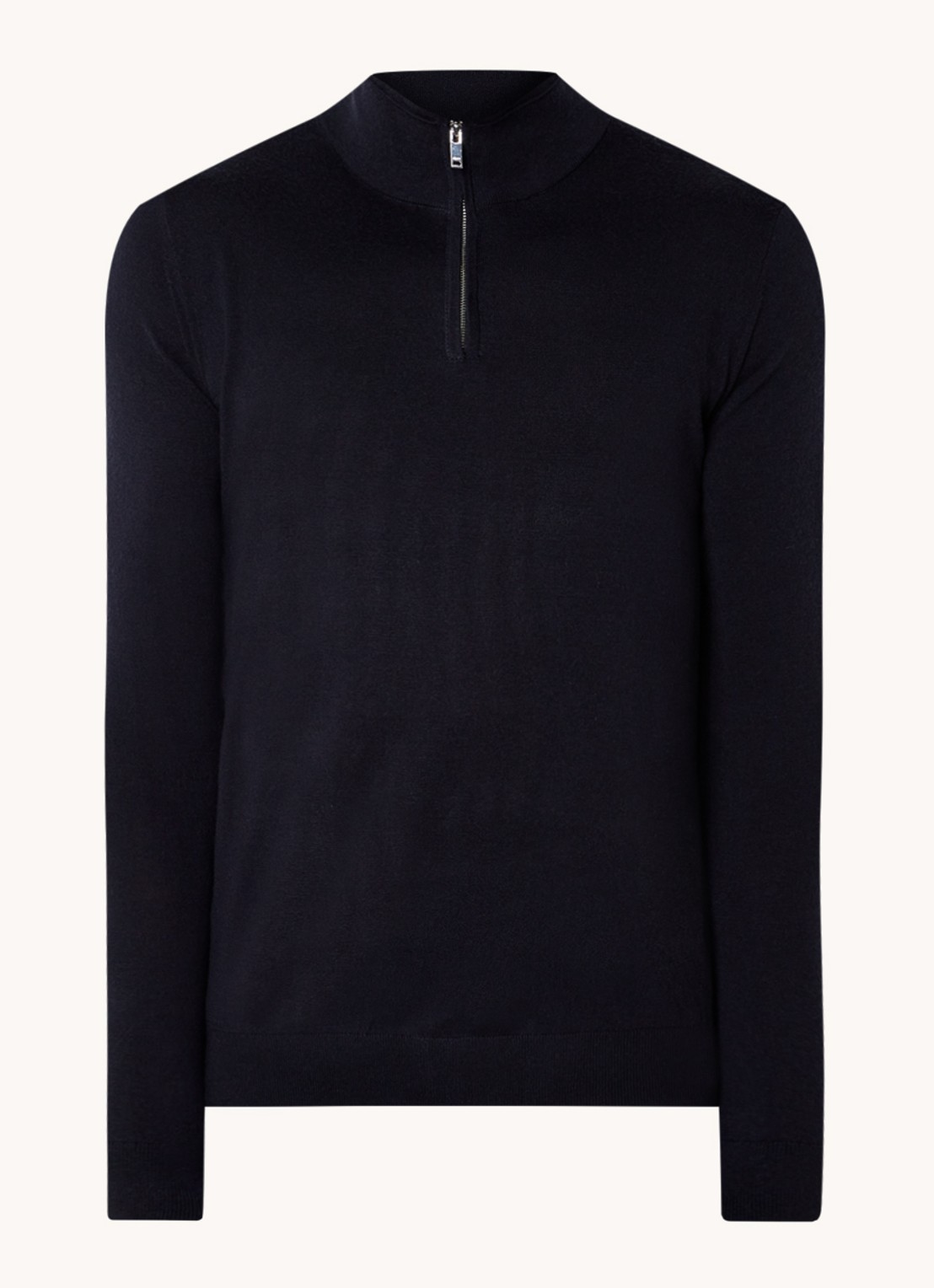 Reiss Blackhall fijngebreide pullover van merino wol met halve rits  - voorkant donkerblauw