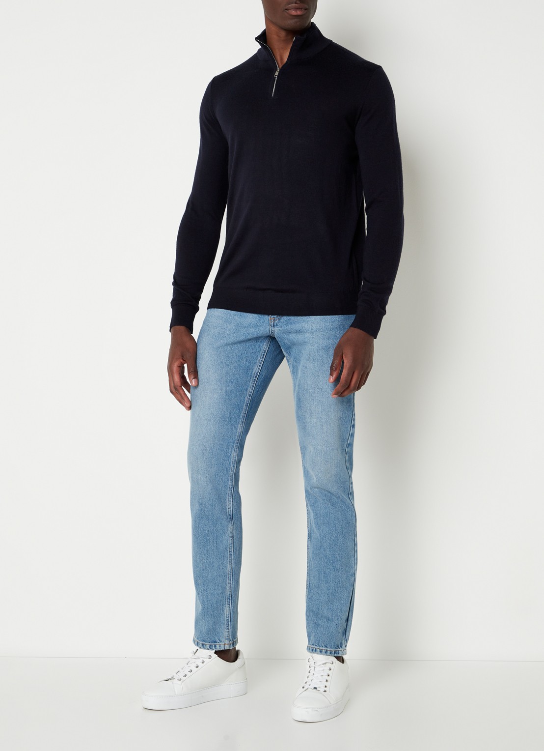 Reiss Blackhall fijngebreide pullover van merino wol met halve rits  - voorkant 2 donkerblauw