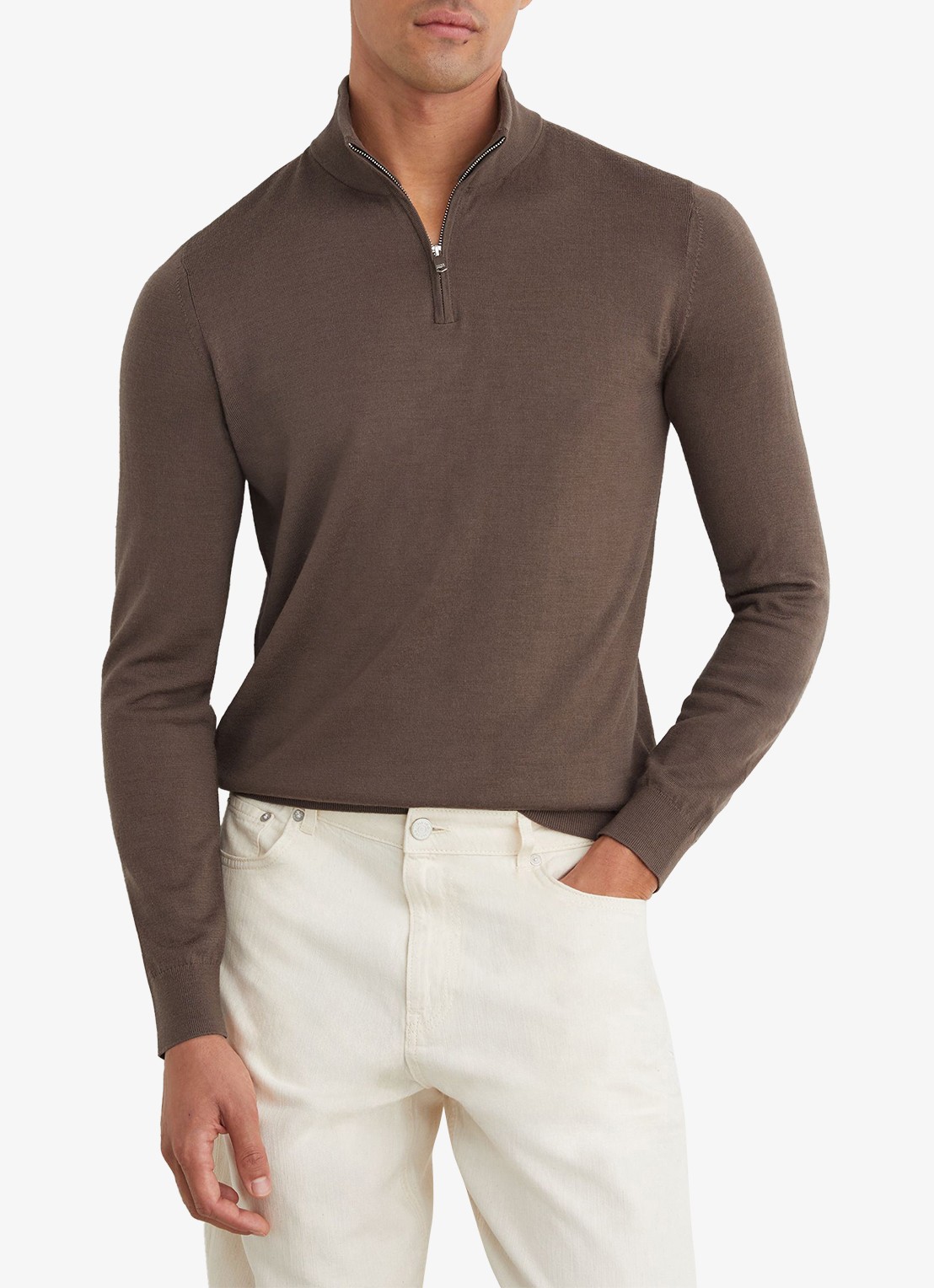 Reiss Blackhall fijngebreide trui van merino wol - detail bruin