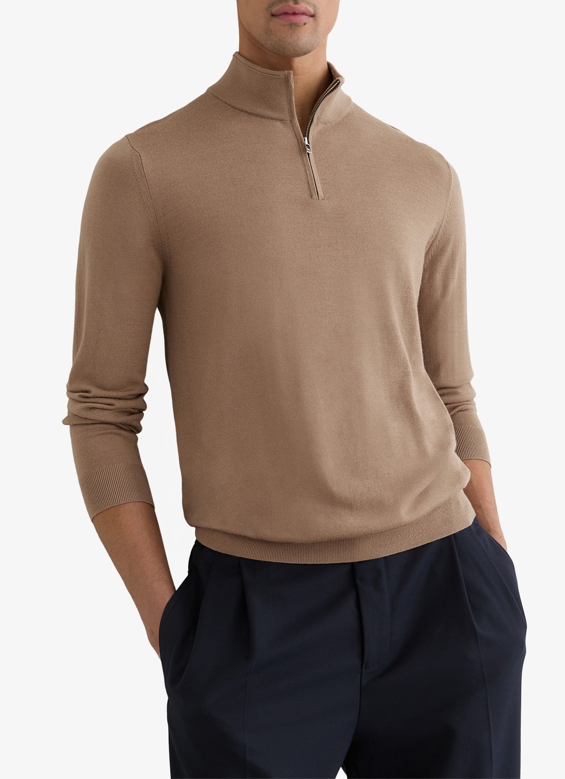 Reiss Blackhall fijngebreide trui van wol met halve rits  - detail 2 camel