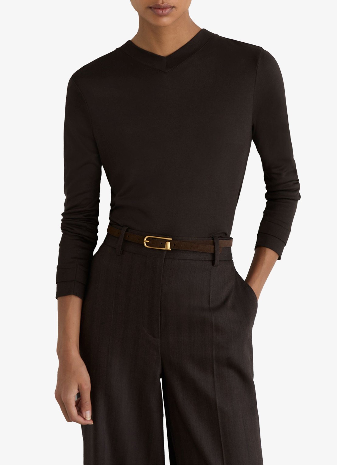 Reiss Brody longsleeve met V-hals - detail chocoladebruin