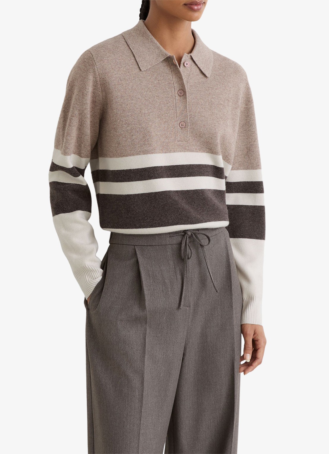 Reiss Bronte fijngebreide polo in kasjmierblend met streepprint - detail beige