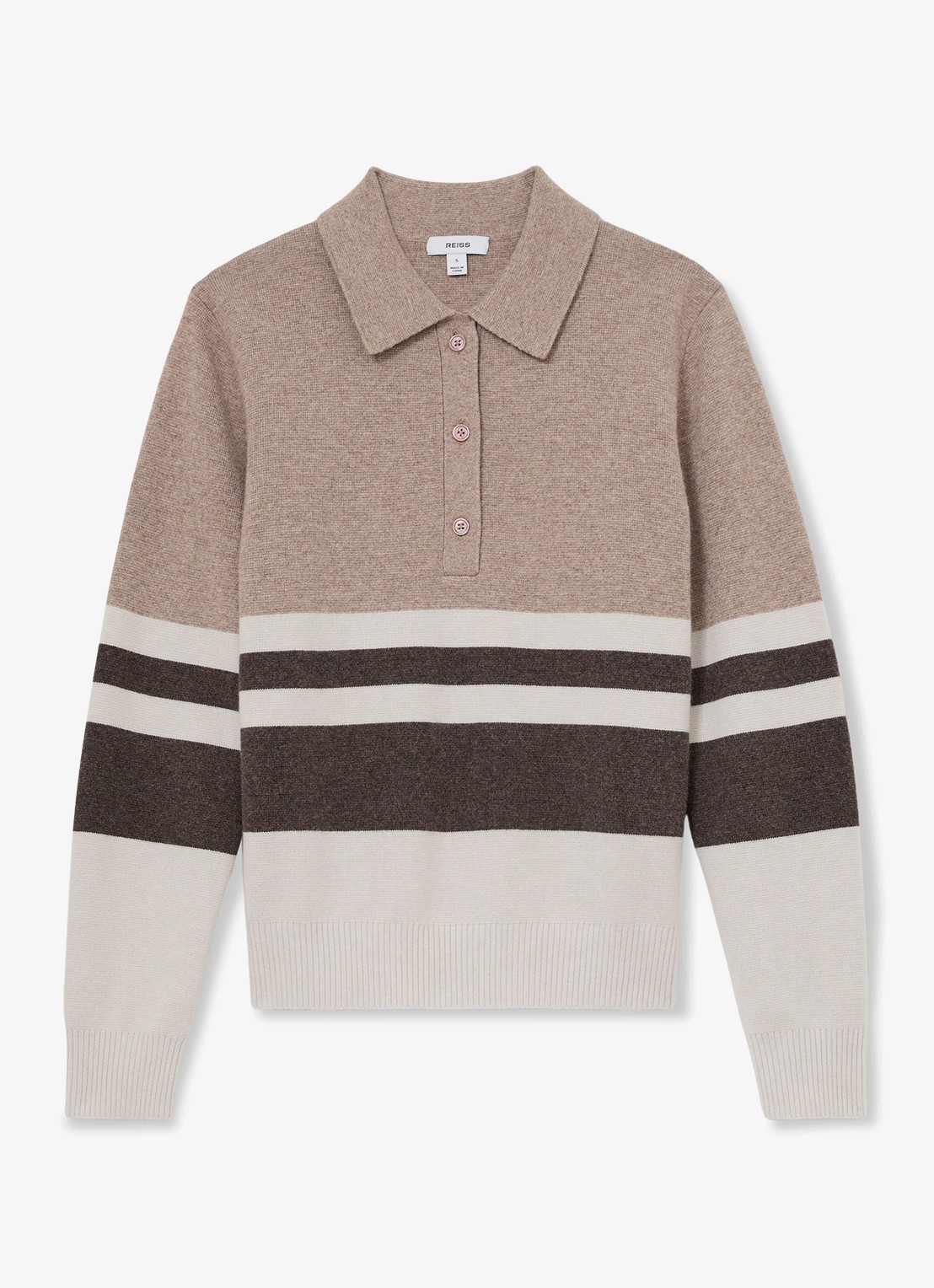 Reiss Bronte fijngebreide polo in kasjmierblend met streepprint - voorkant 6 beige