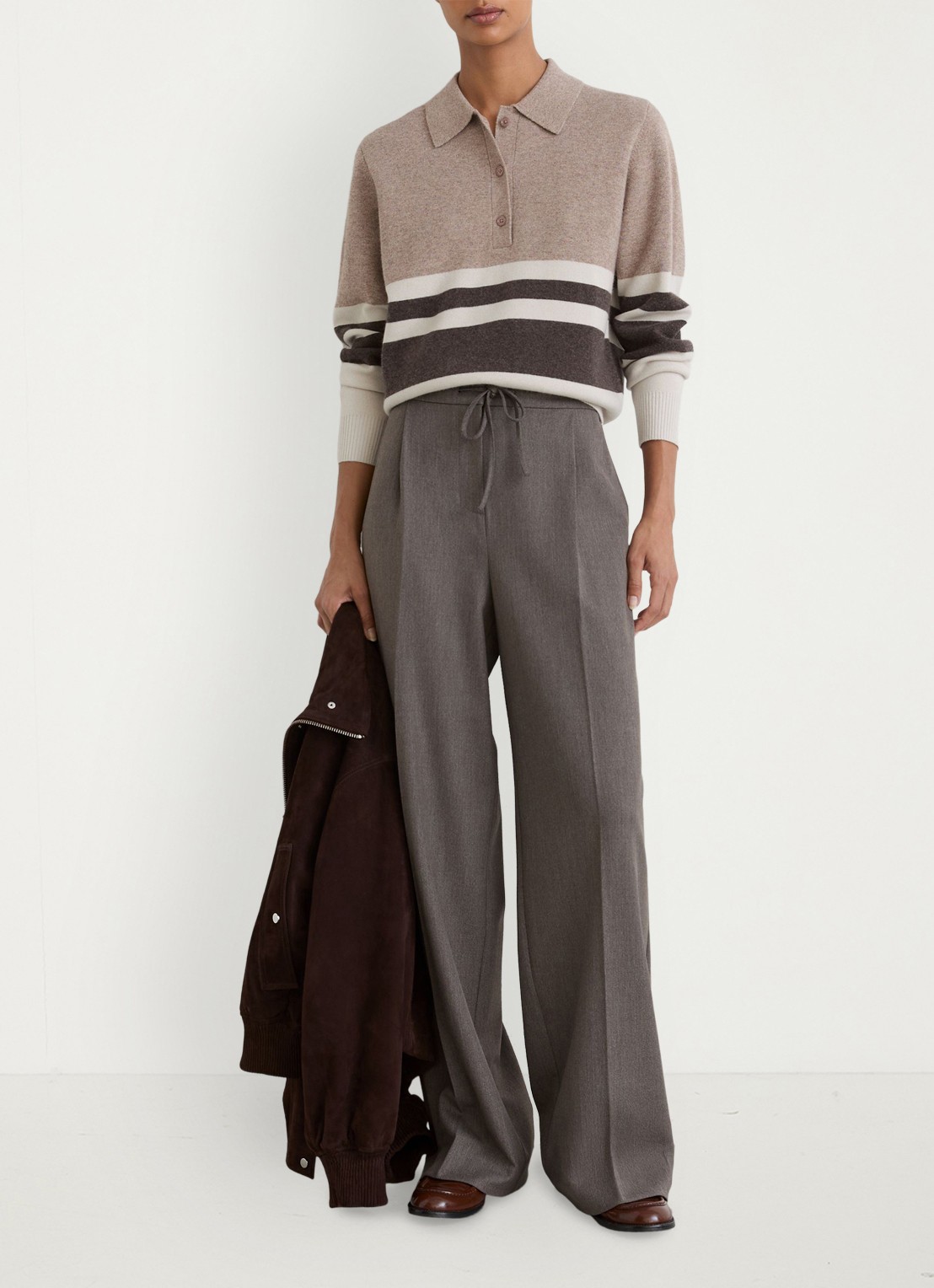 Reiss Bronte fijngebreide polo in kasjmierblend met streepprint - voorkant 7 beige