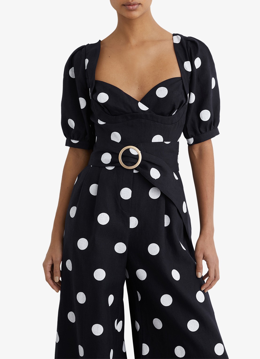 Reiss Brook wide fit jumpsuit van linnen met stippenprint - detail 2 donkerblauw