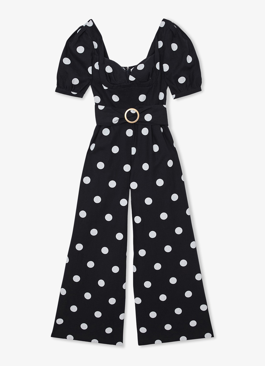 Reiss Brook wide fit jumpsuit van linnen met stippenprint - voorkant 5 donkerblauw