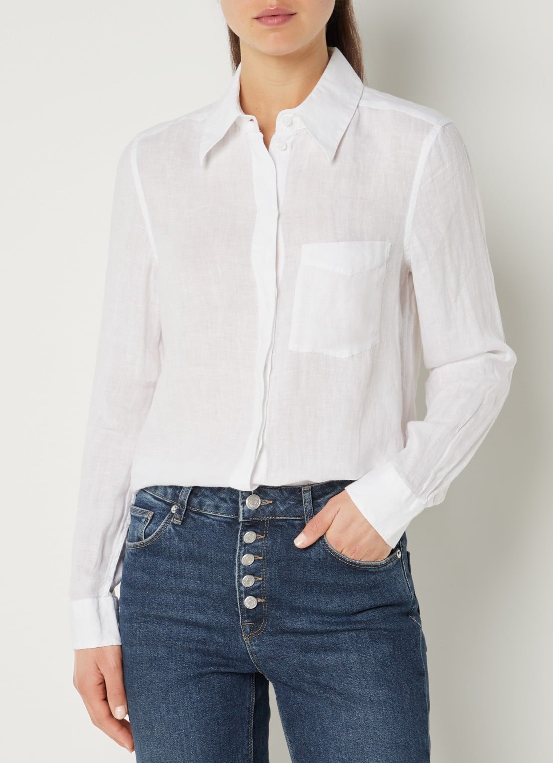 Reiss Campbell blouse van linnen met borstzak en gemêleerd dessin - detail 4 wit