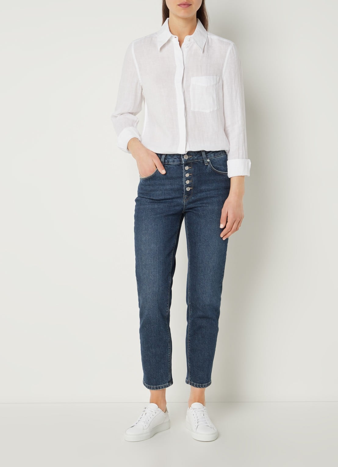Reiss Campbell blouse van linnen met borstzak en gemêleerd dessin - voorkant 2 wit