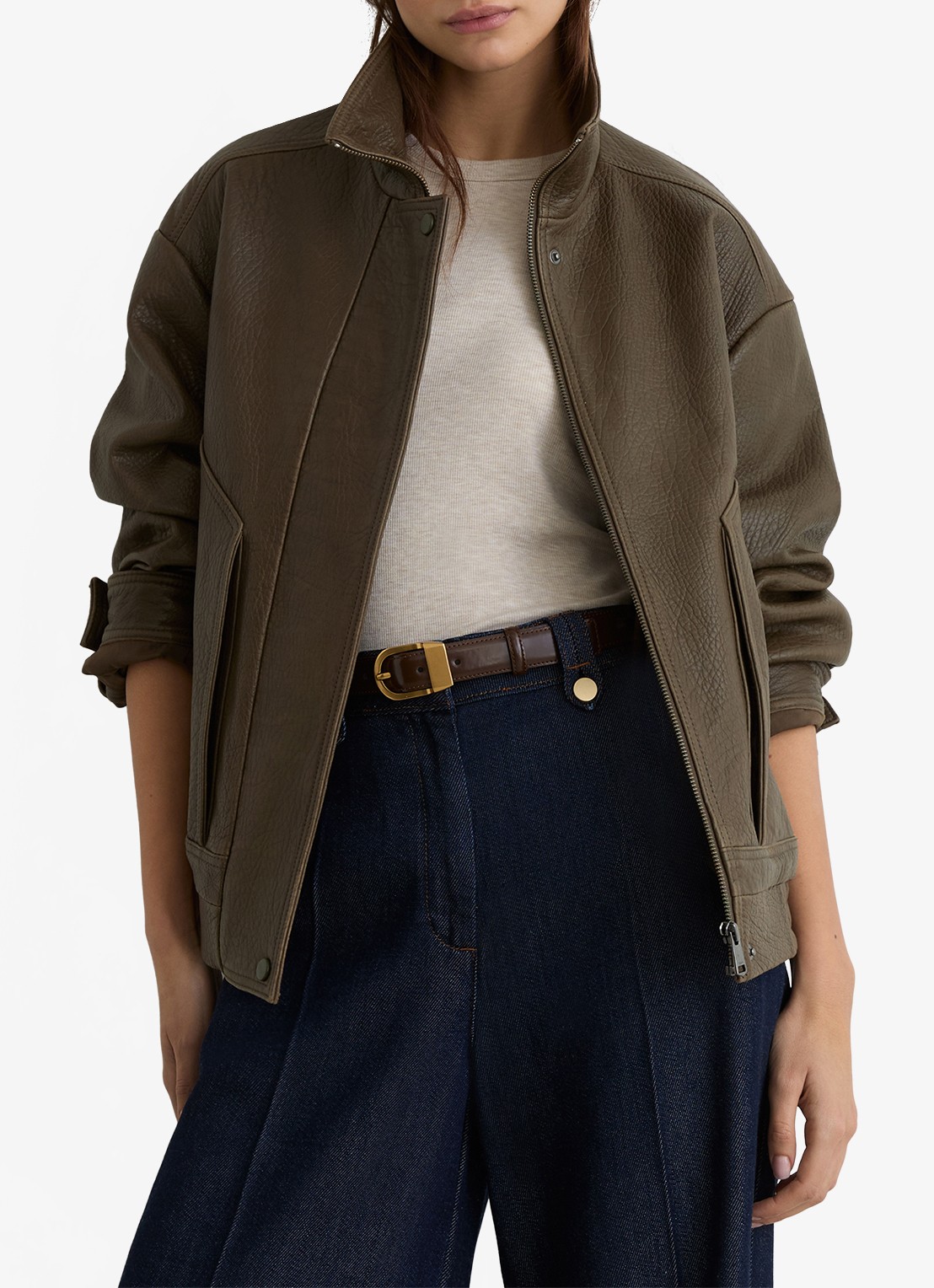Reiss Cara bomberjack van geitensuède  - detail khaki
