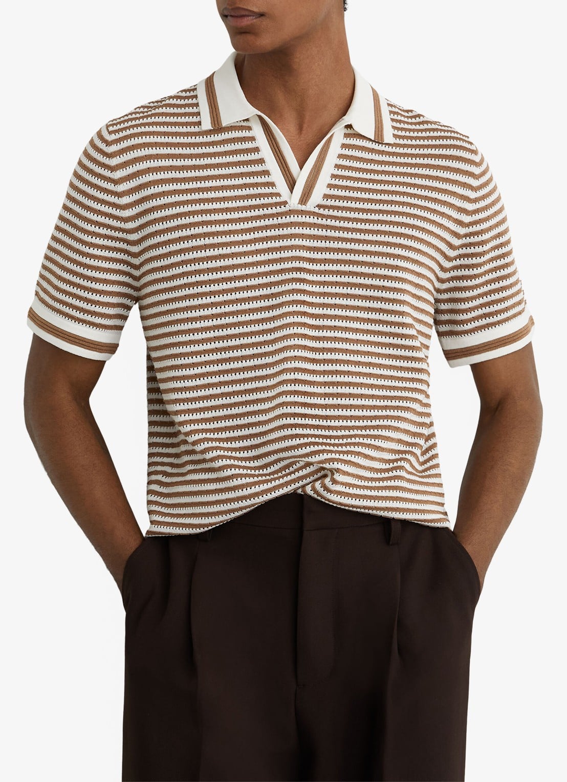 Reiss Carlford regular fit polo in linnenblend met streepprint - detail 6 camel