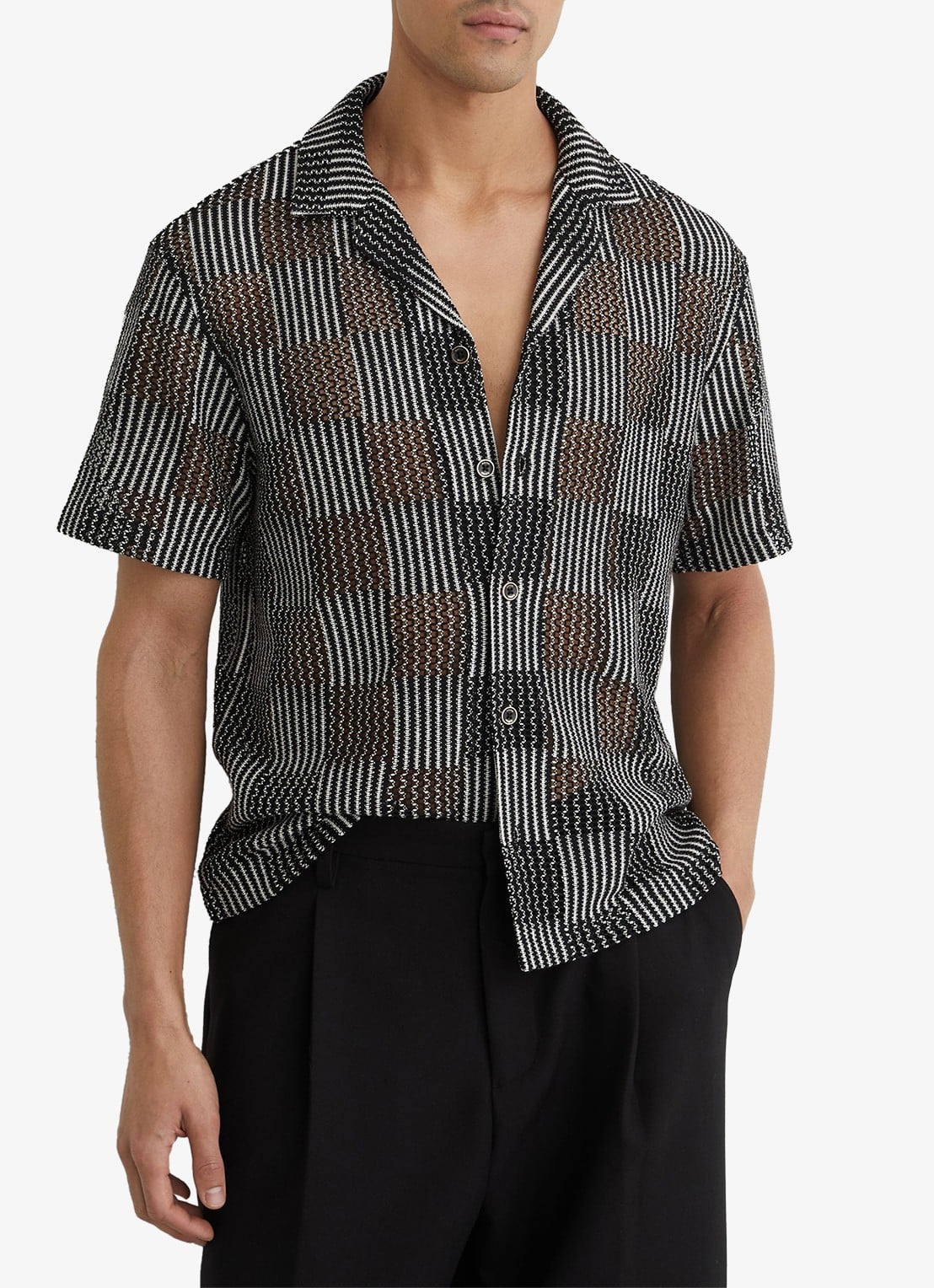Reiss CARLOS Checkerboard Crochet Cuban Collar Shirt - detail 6 black / zwart