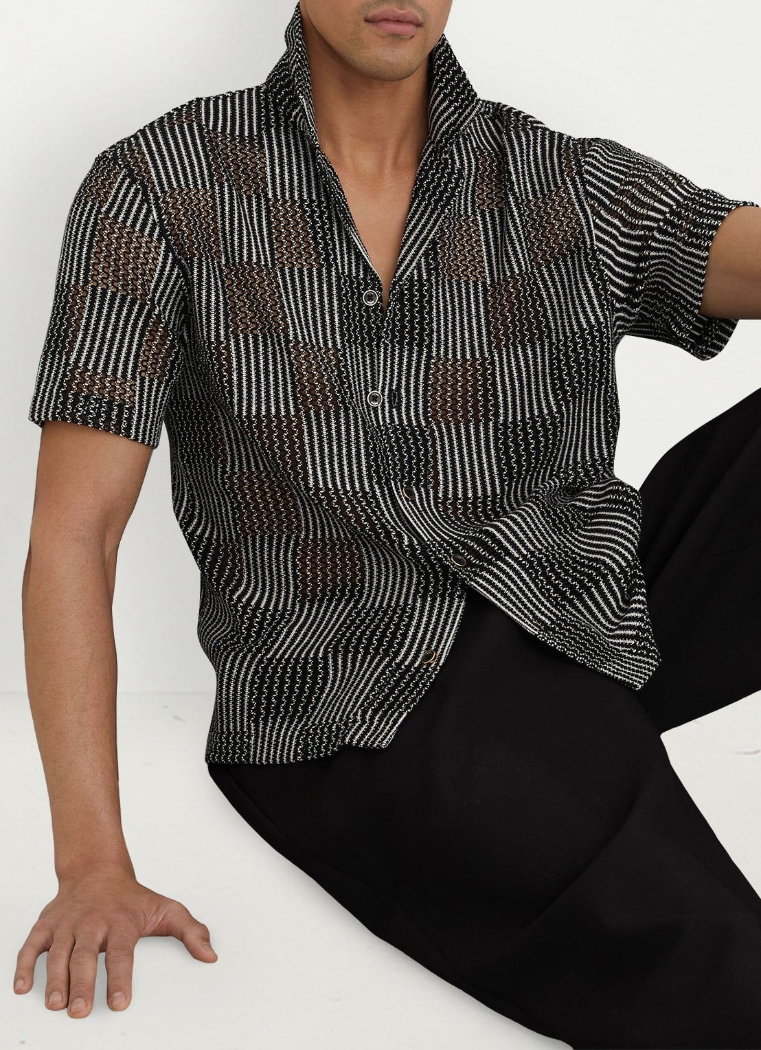 Reiss CARLOS Checkerboard Crochet Cuban Collar Shirt - detail 7 black / zwart