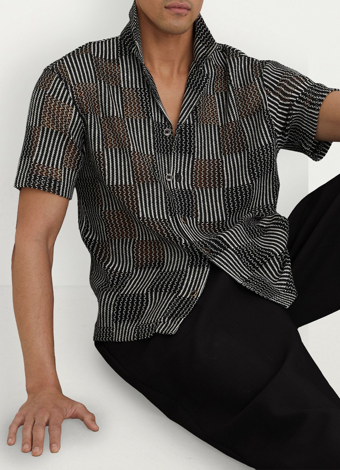 Reiss CARLOS Checkerboard Crochet Cuban Collar Shirt - detail 8 black / zwart