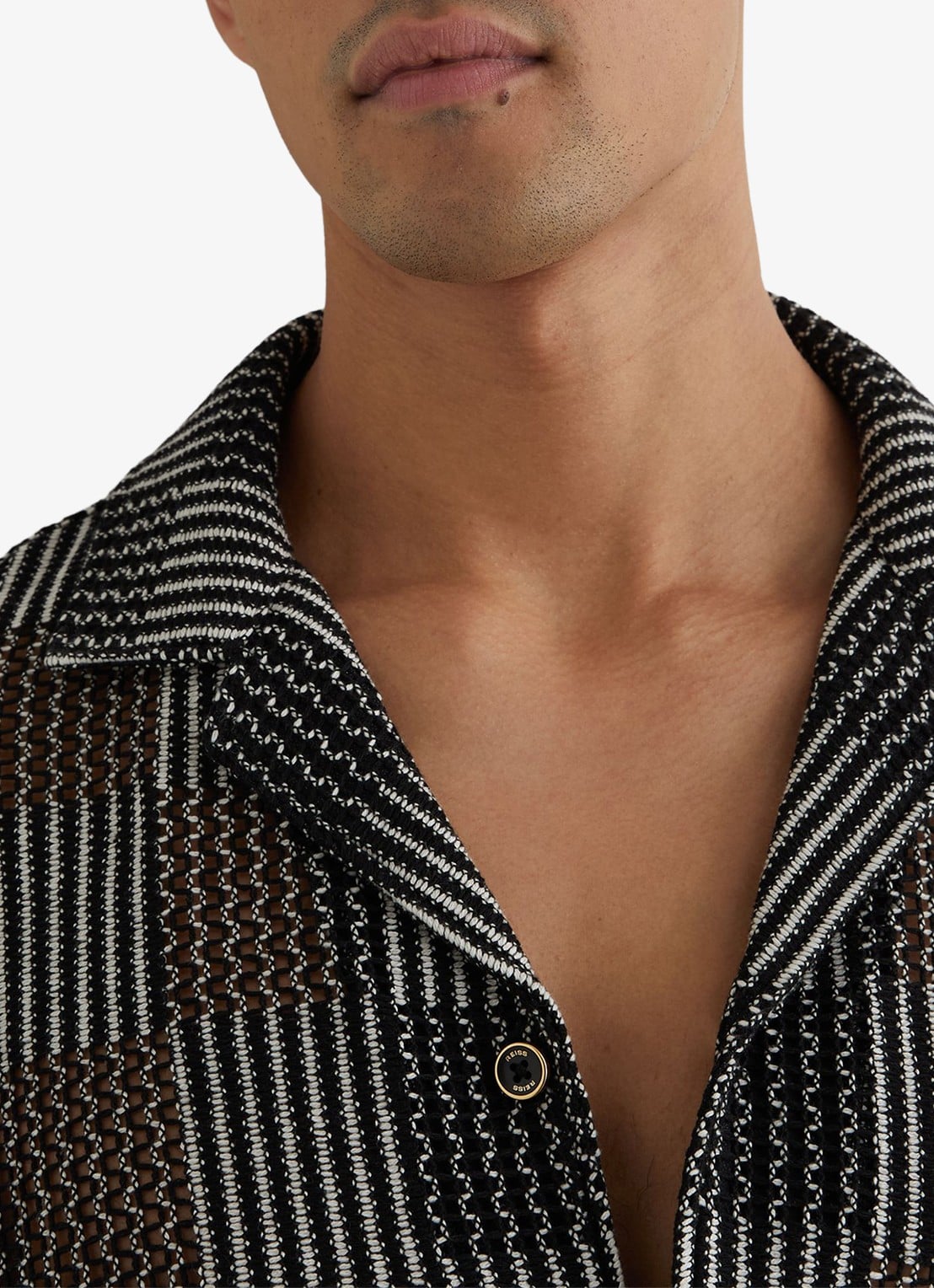 Reiss CARLOS Checkerboard Crochet Cuban Collar Shirt - detail 9 black / zwart