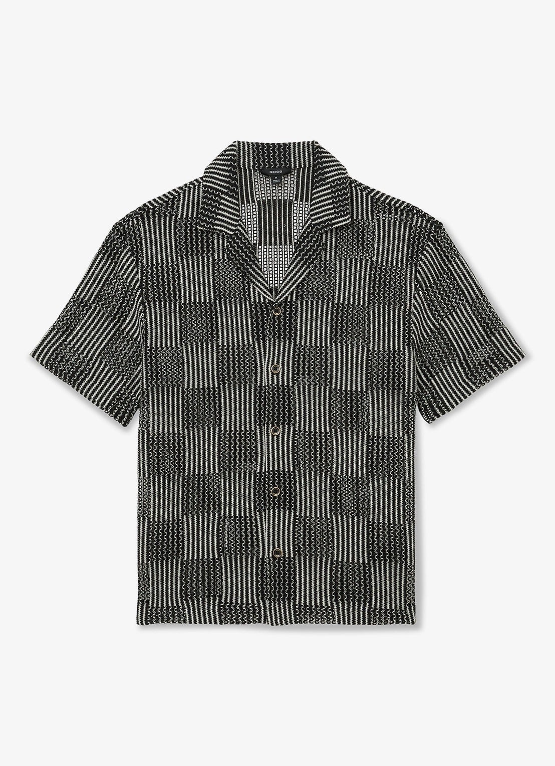 Reiss CARLOS Checkerboard Crochet Cuban Collar Shirt - voorkant black / zwart