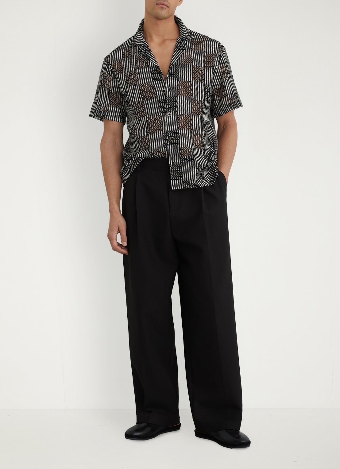 Reiss CARLOS Checkerboard Crochet Cuban Collar Shirt - voorkant 2 black / zwart