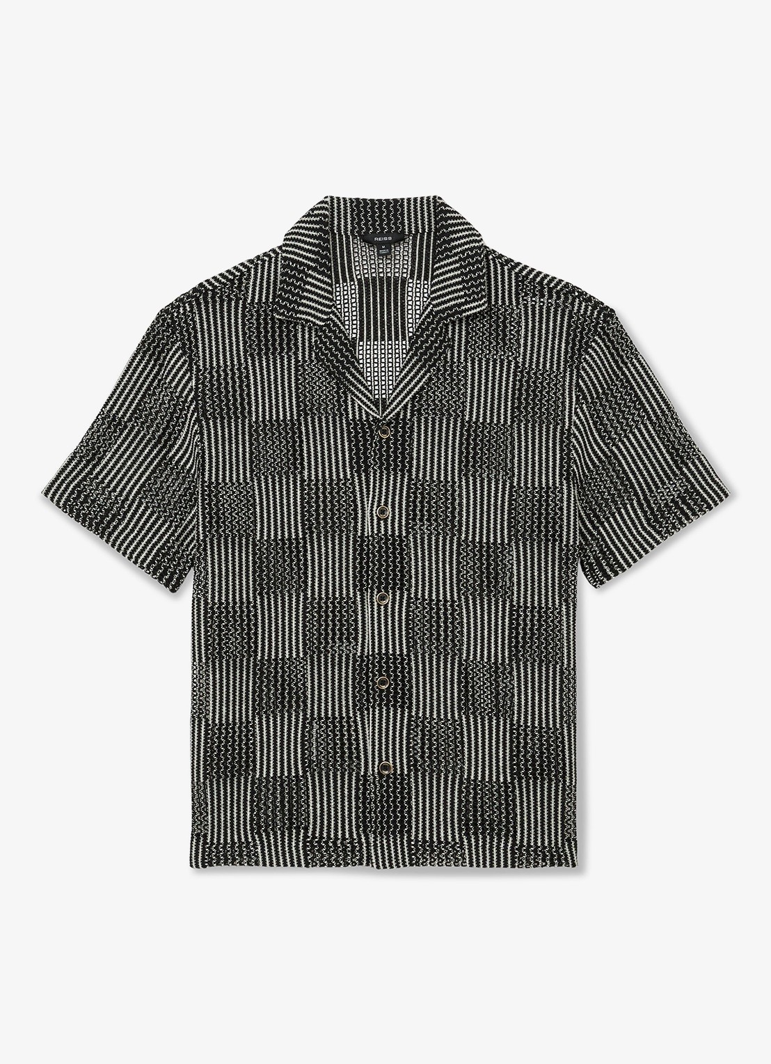 Reiss CARLOS Checkerboard Crochet Cuban Collar Shirt - voorkant 3 black / zwart