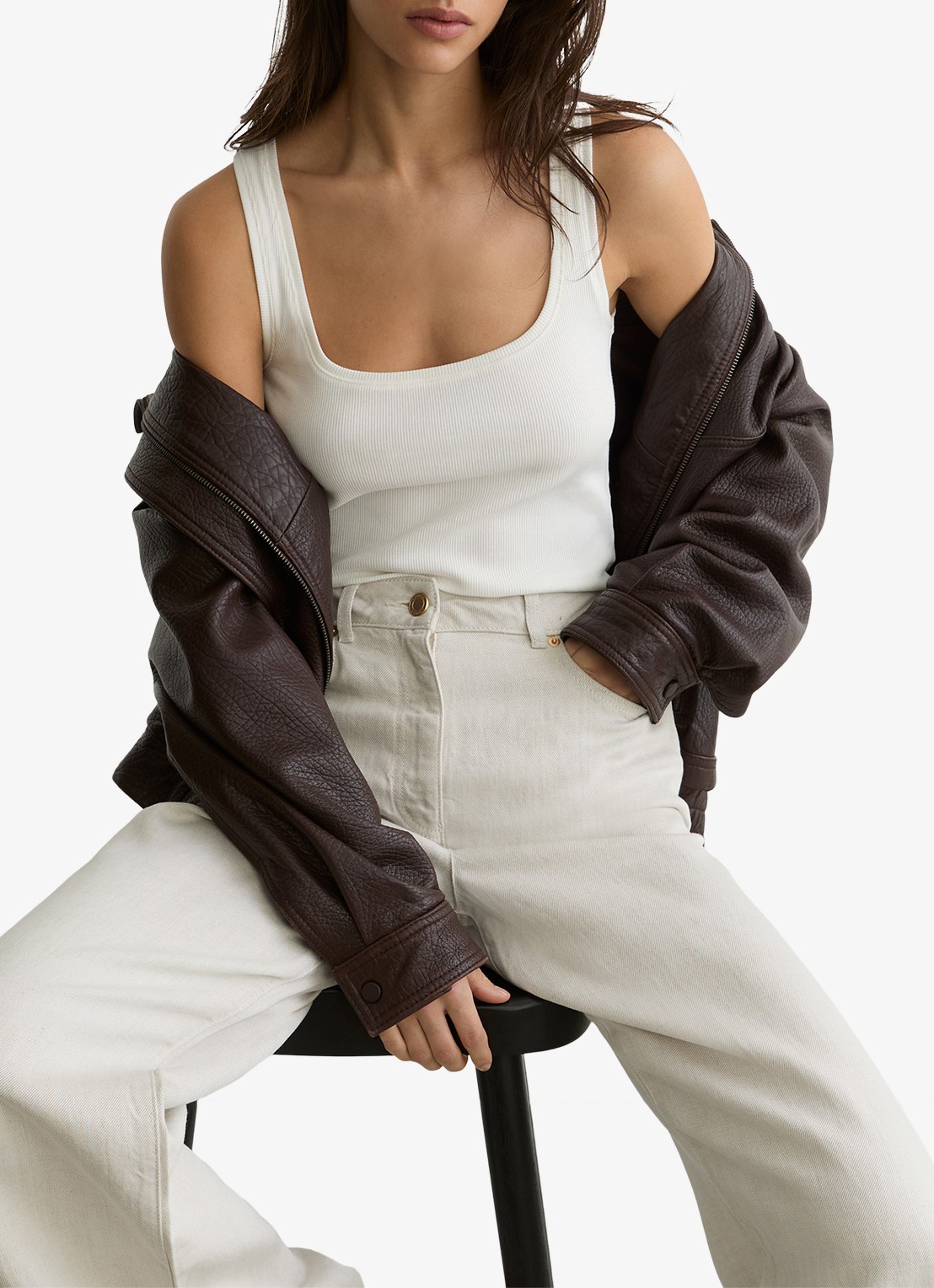 Reiss Carmen high waist wide fit broek in linnenblend - detail creme