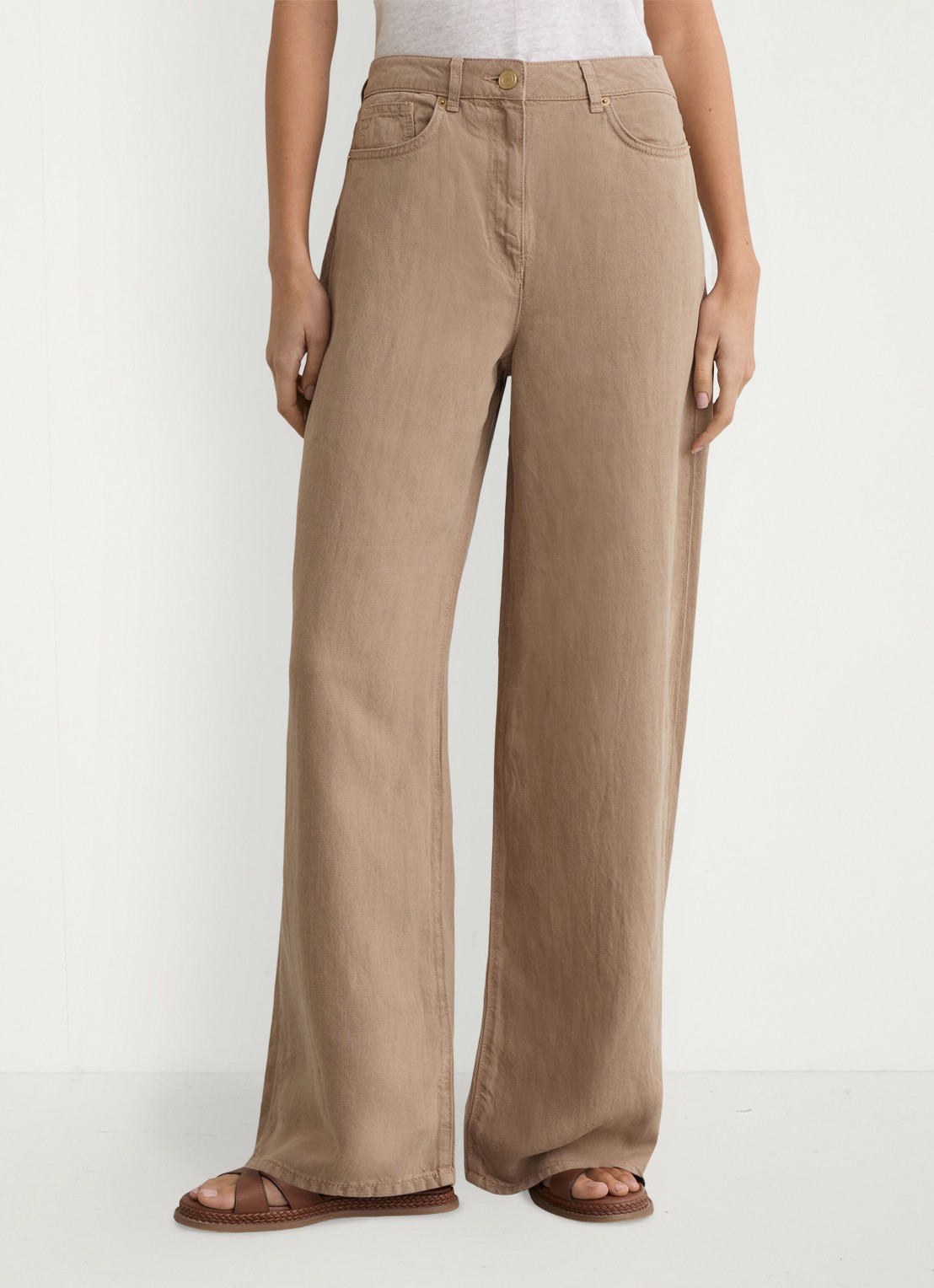 Reiss Carmen high waist wide fit broek in linnenblend - detail beige