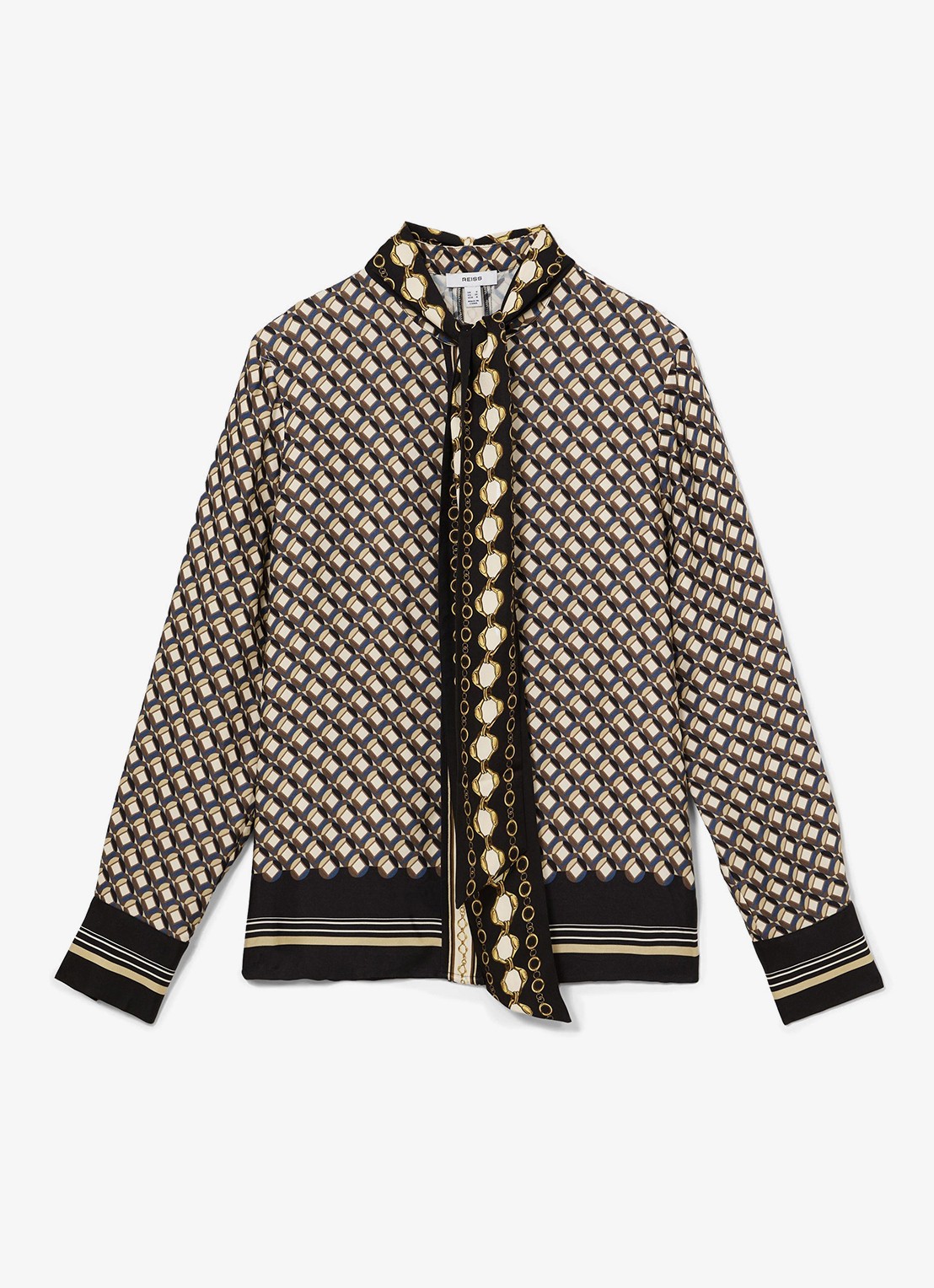 Reiss Carmine blouse met sjaalkraag met print - voorkant donkerblauw