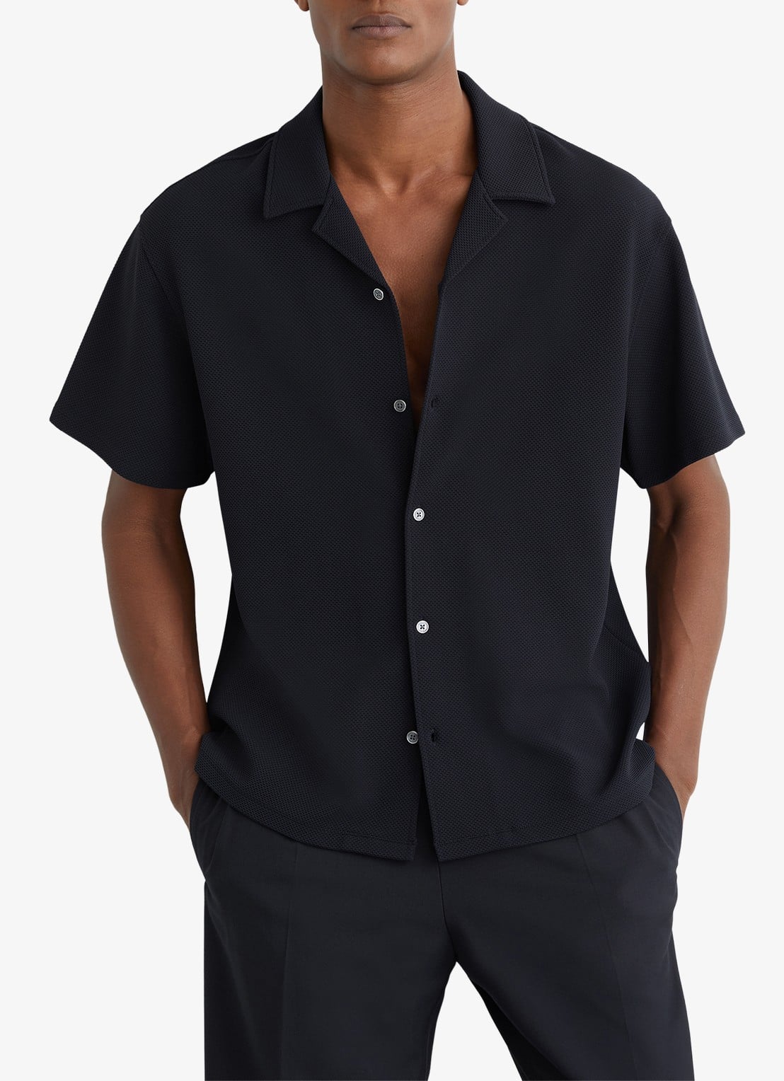 Reiss CEDRIC Textured Cuban-Collar Shirt - detail 4 donkerblauw