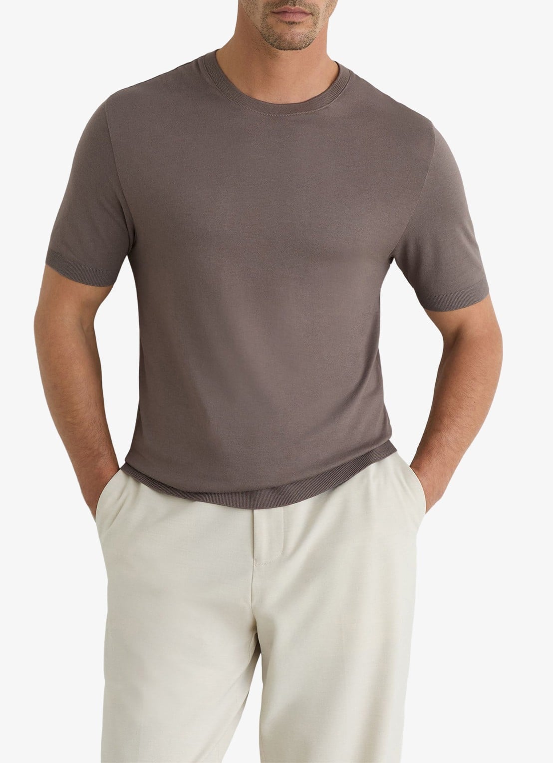 Reiss Chad modern fit T-shirt met ronde hals - detail mouse brown / bruin