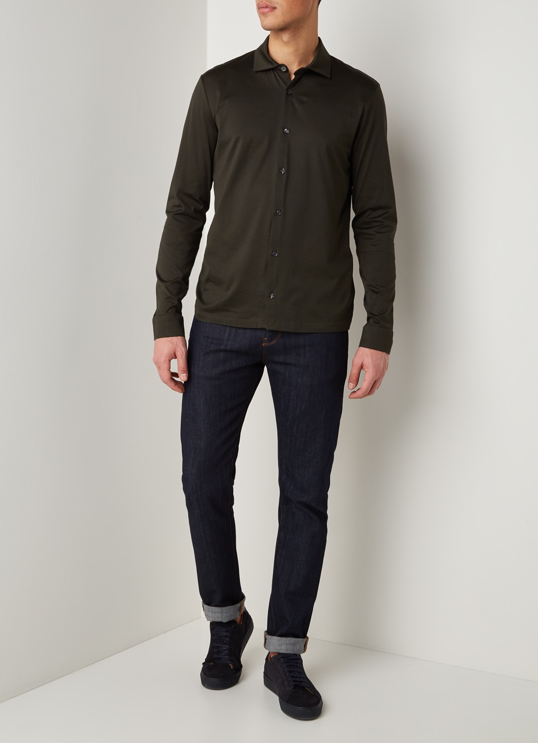 Reiss Chapter slim fit jersey overhemd van katoen - voorkant 2 donkergroen