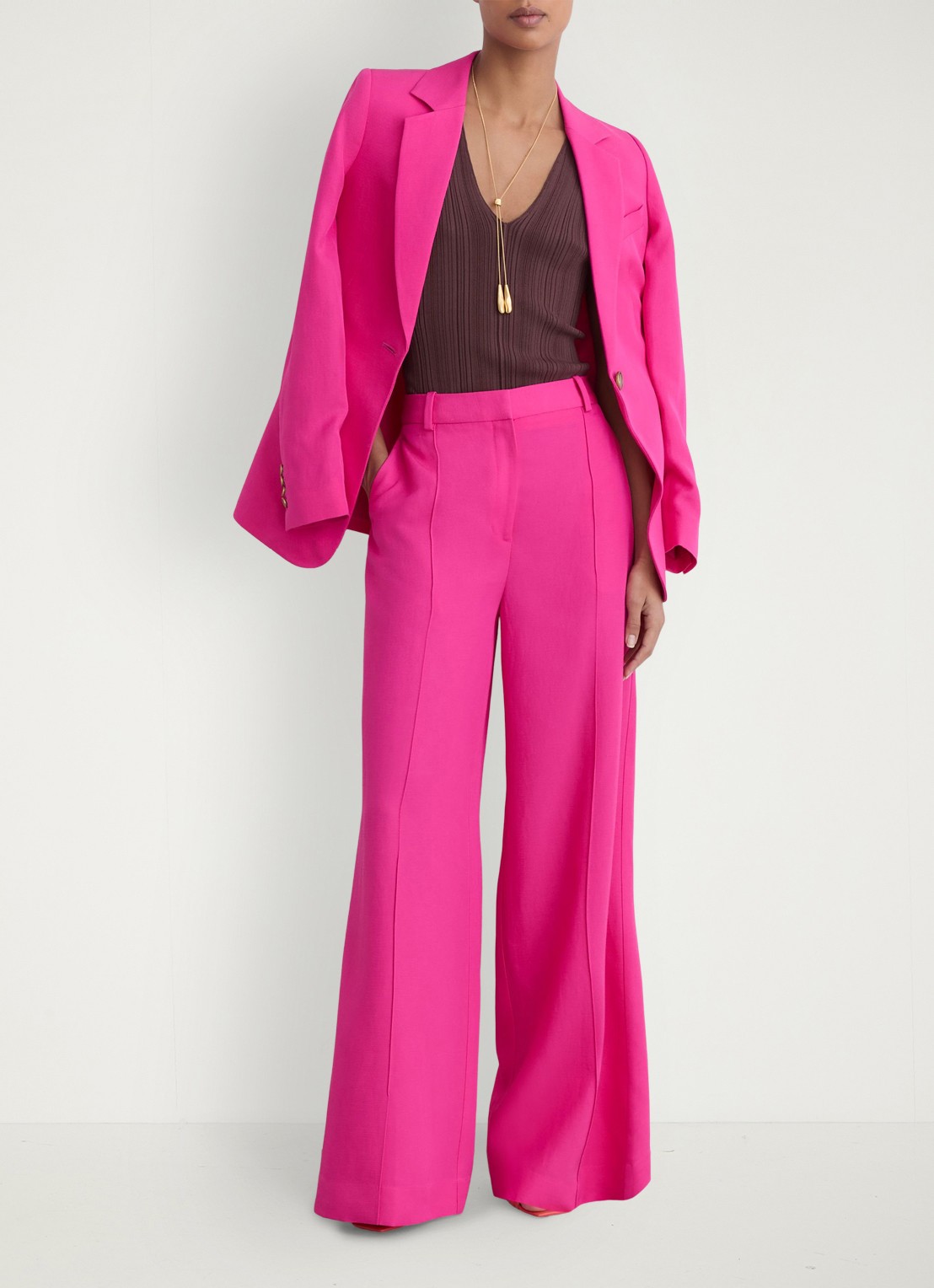 Reiss Charli high waist wide fit pantalon in linnenblend - voorkant 3 oudroze