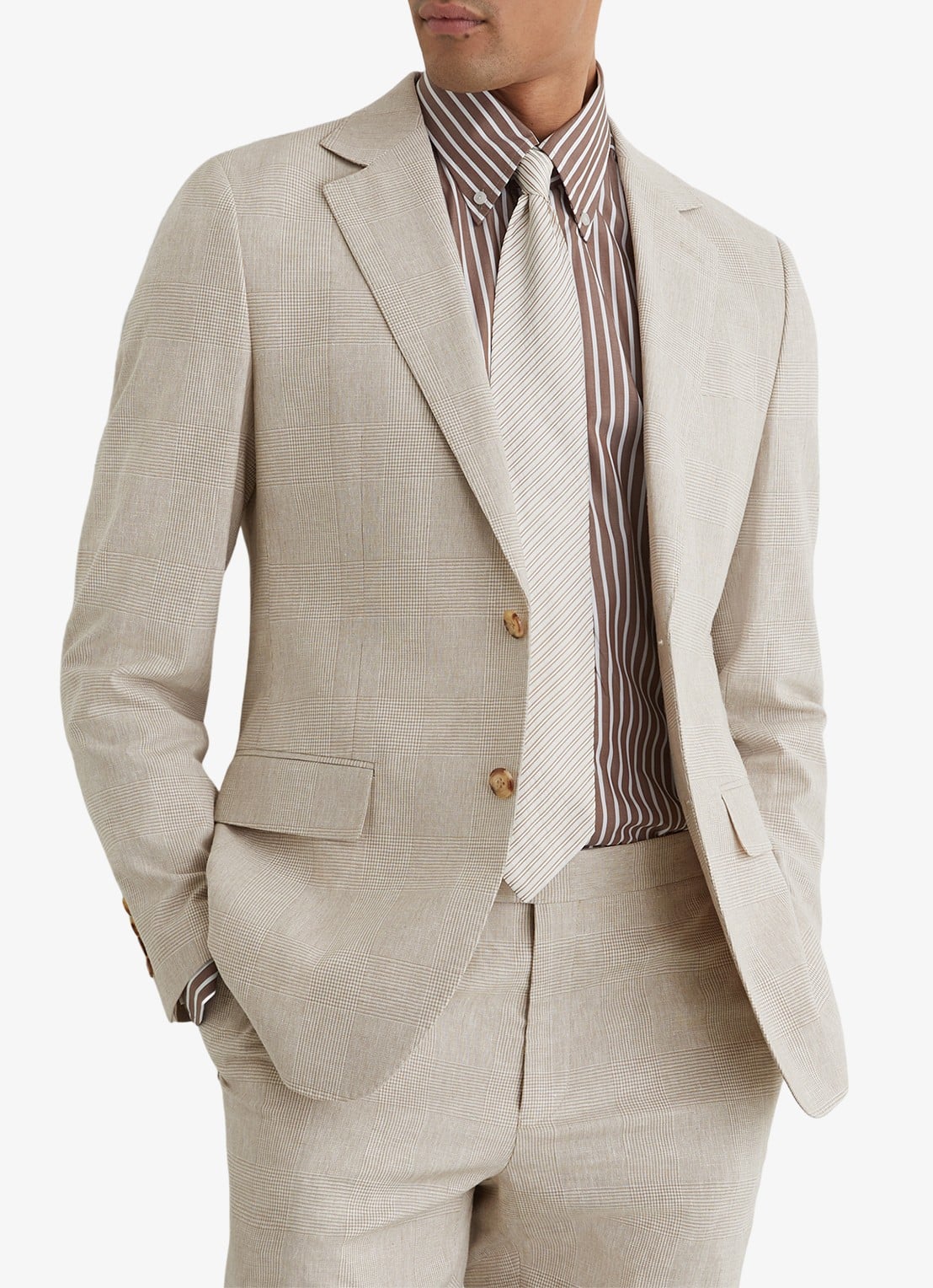 Reiss Cheltenham regular fit colbert in linnenblend - detail 4 bruin