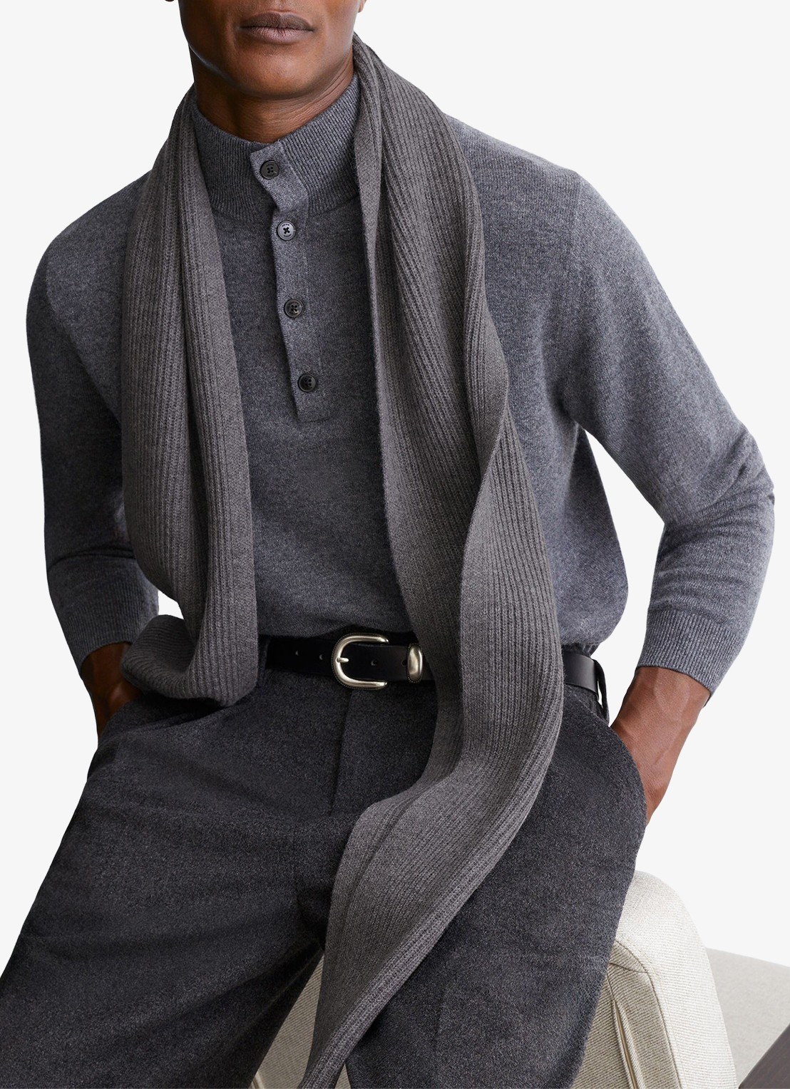 Reiss Chesterfield ribgebreide sjaal van merino wol - voorkant 6 grijsmele