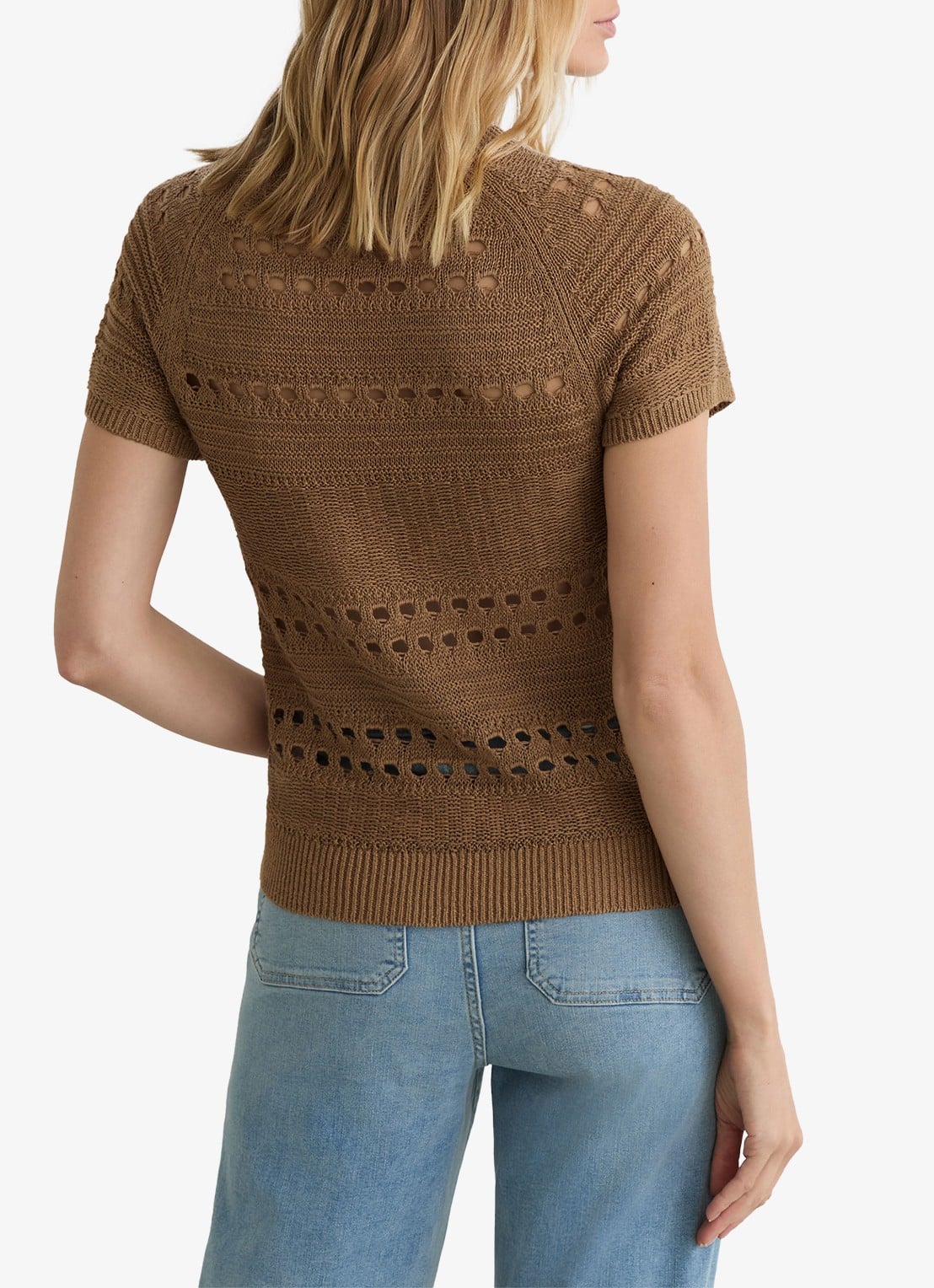 Reiss Chloe fijngebreide top van linnen met opengewerkt dessin - achterkant beige