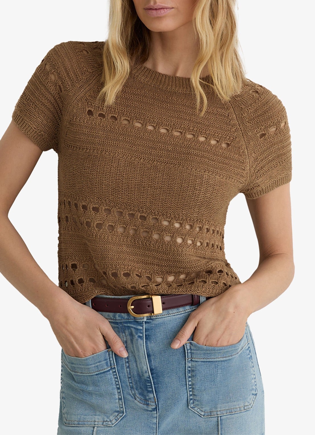 Reiss Chloe fijngebreide top van linnen met opengewerkt dessin - detail 2 beige