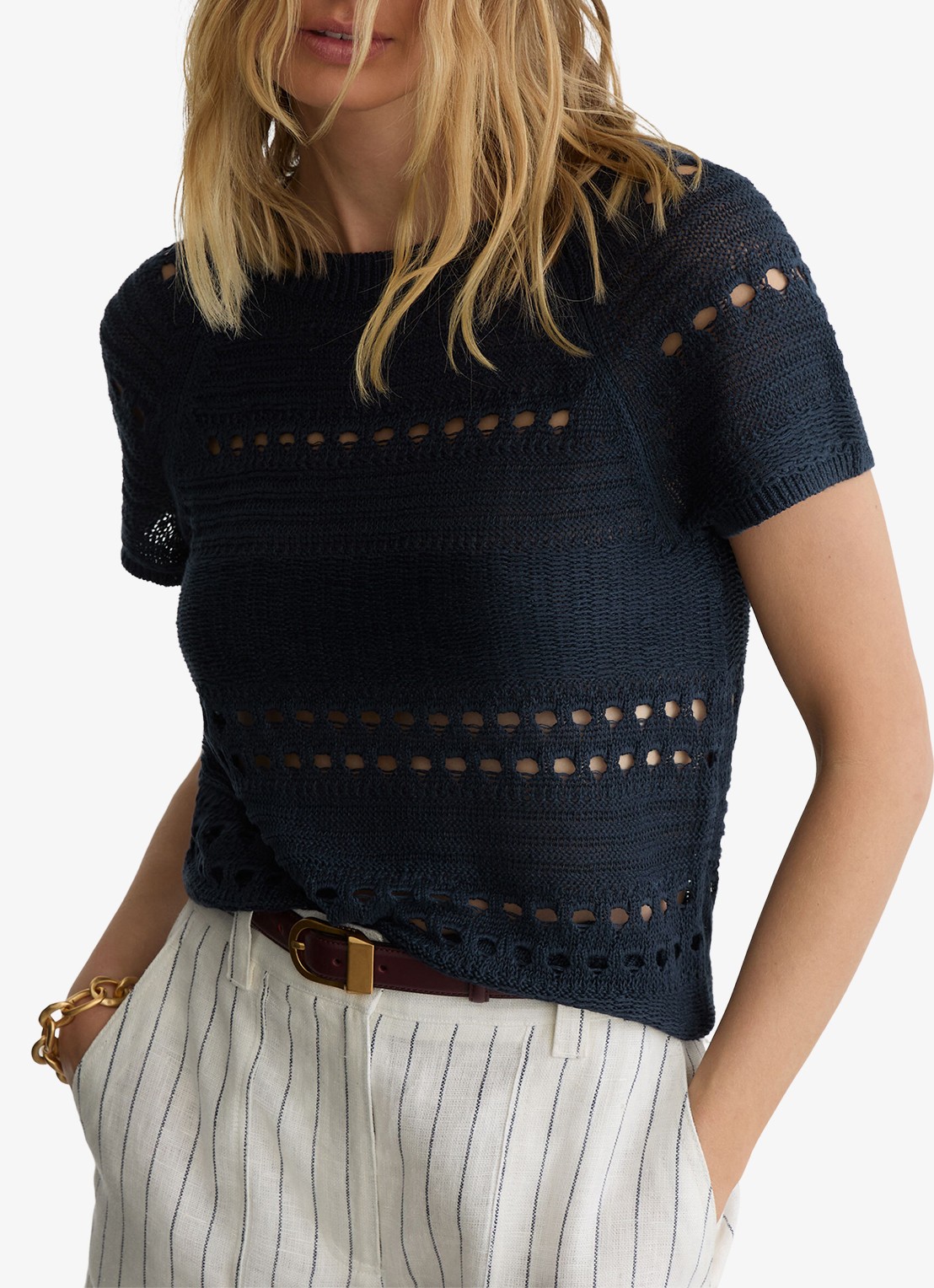 Reiss Chloe fijngebreide top van linnen met opengewerkt dessin - detail 2 donkerblauw
