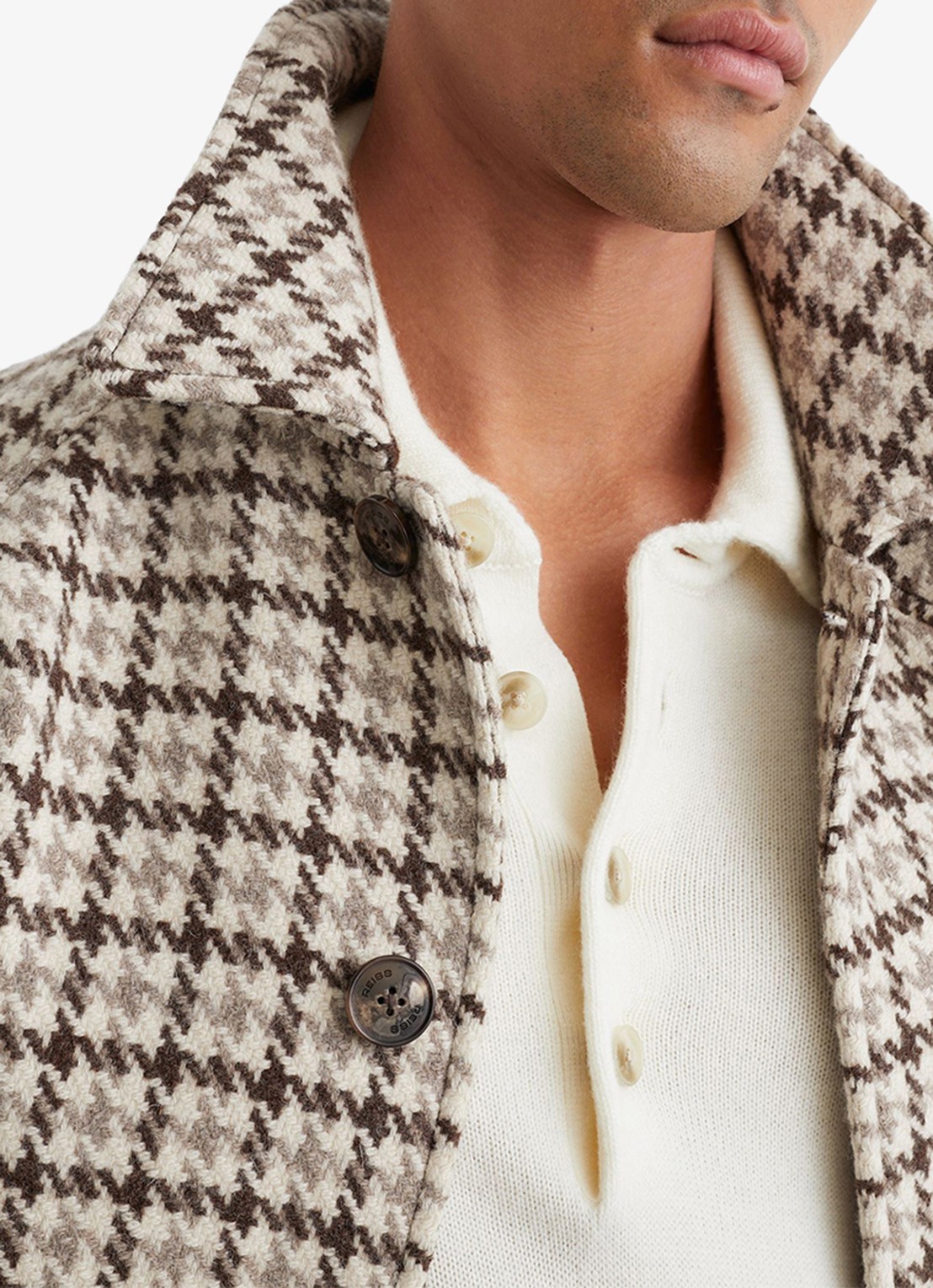 Reiss Christem mantel van wol met ceintuur en pied de poule dessin - detail 4 bruin