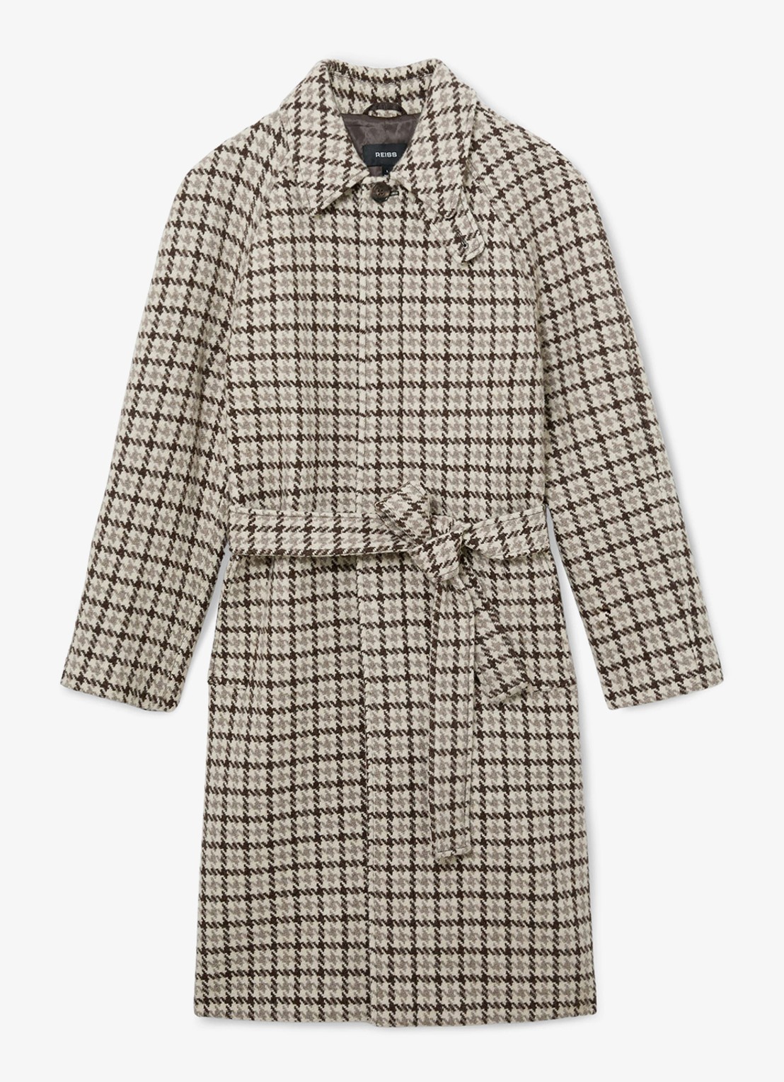 Reiss Christem mantel van wol met ceintuur en pied de poule dessin - voorkant bruin