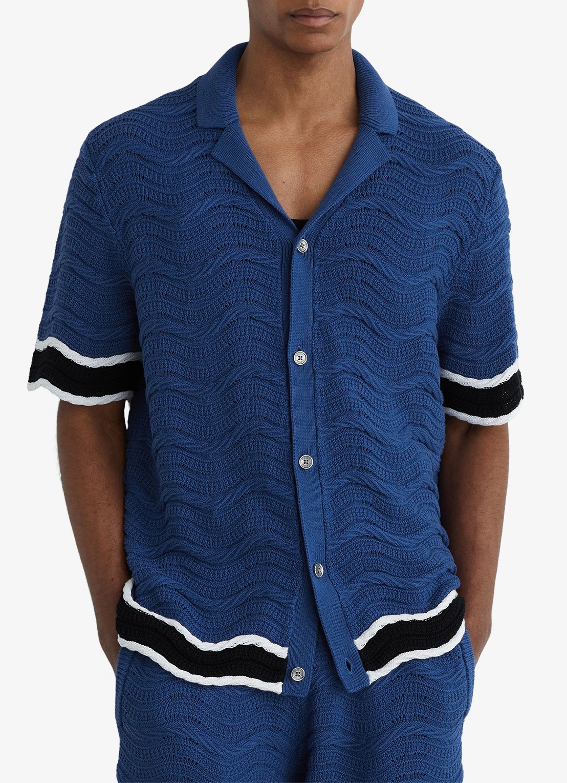 Reiss CIRO Cotton-Blend Wave-Knit Tipped Shirt - detail 2 donkerblauw