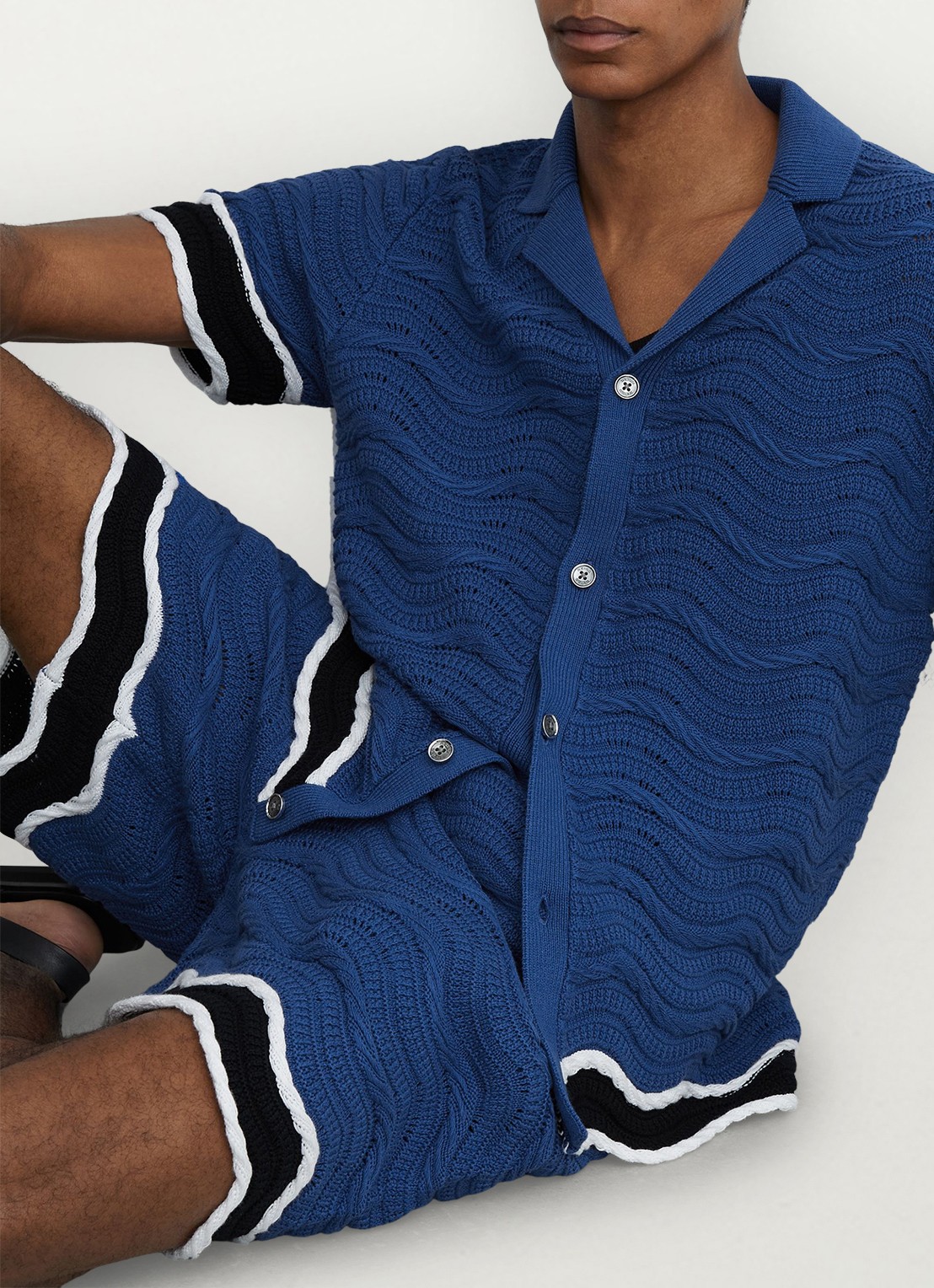 Reiss CIRO Cotton-Blend Wave-Knit Tipped Shirt - detail 3 donkerblauw
